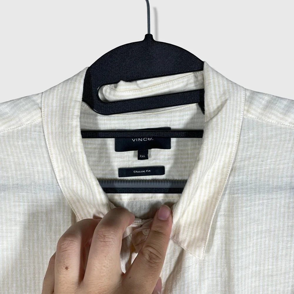 Vince Linen Button Down Shirt Mens XXL Beige Striped Coastal Minimalist